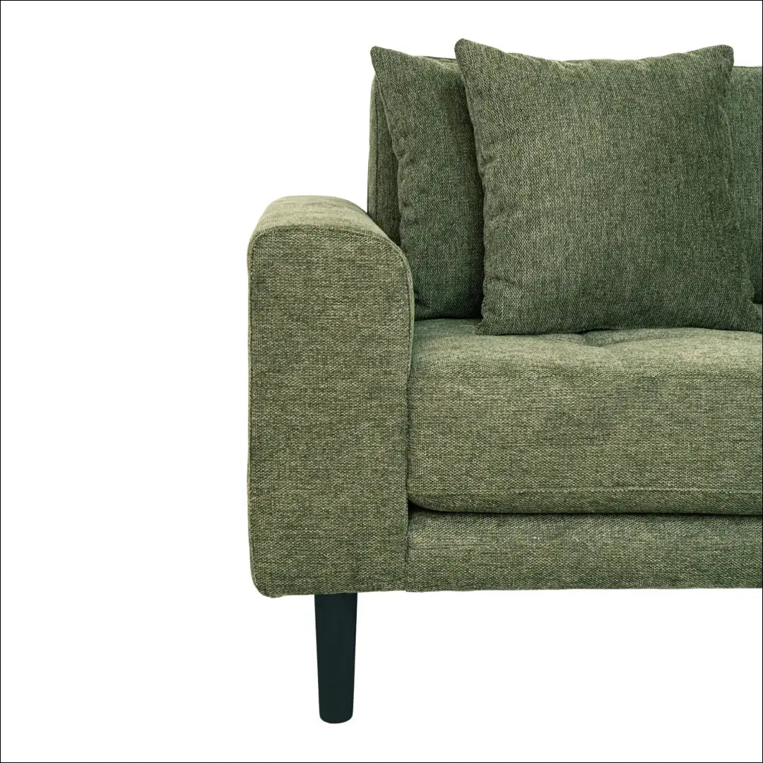 Dešininė alyvuogių žalios spalvos poilsio sofa su keturiomis pagalvėlėmis ir juodomis medinėmis kojelėmis RD196