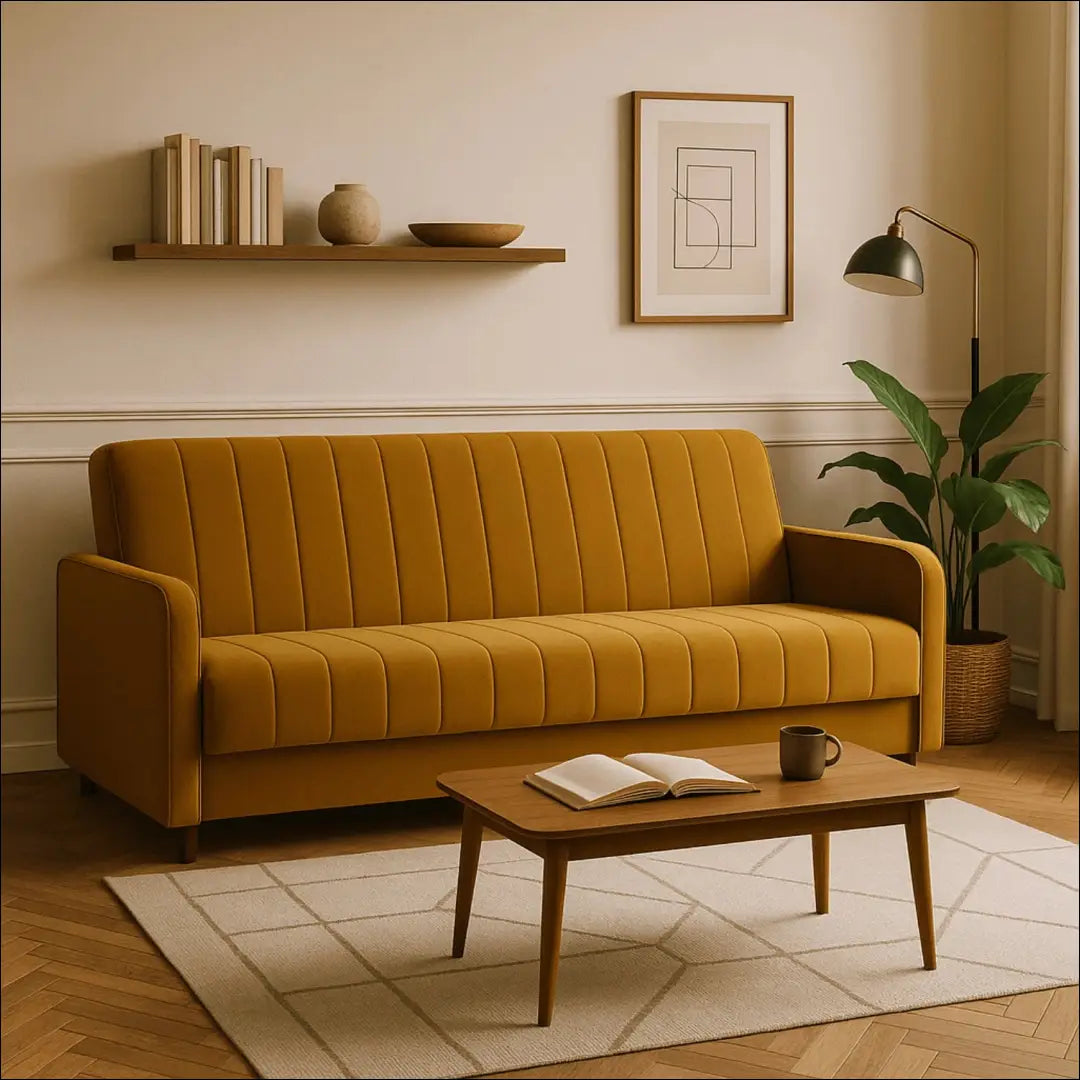 Išskleidžiama sofa su veliūro audiniu garstyčių spalvos / geltonos TE278 - €645 Save 15% __label:Pristatymas 5-14 d.d.,
