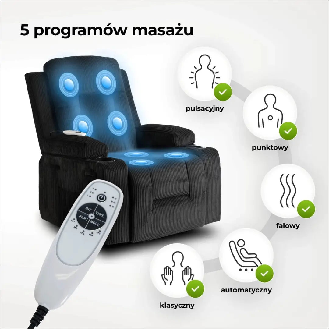 Išskleidžiamas masažinis fotelis su korduro audiniu juodos spalvos TE678 - €323 Save 15% __label:Pristatymas 5-14 d.d.,