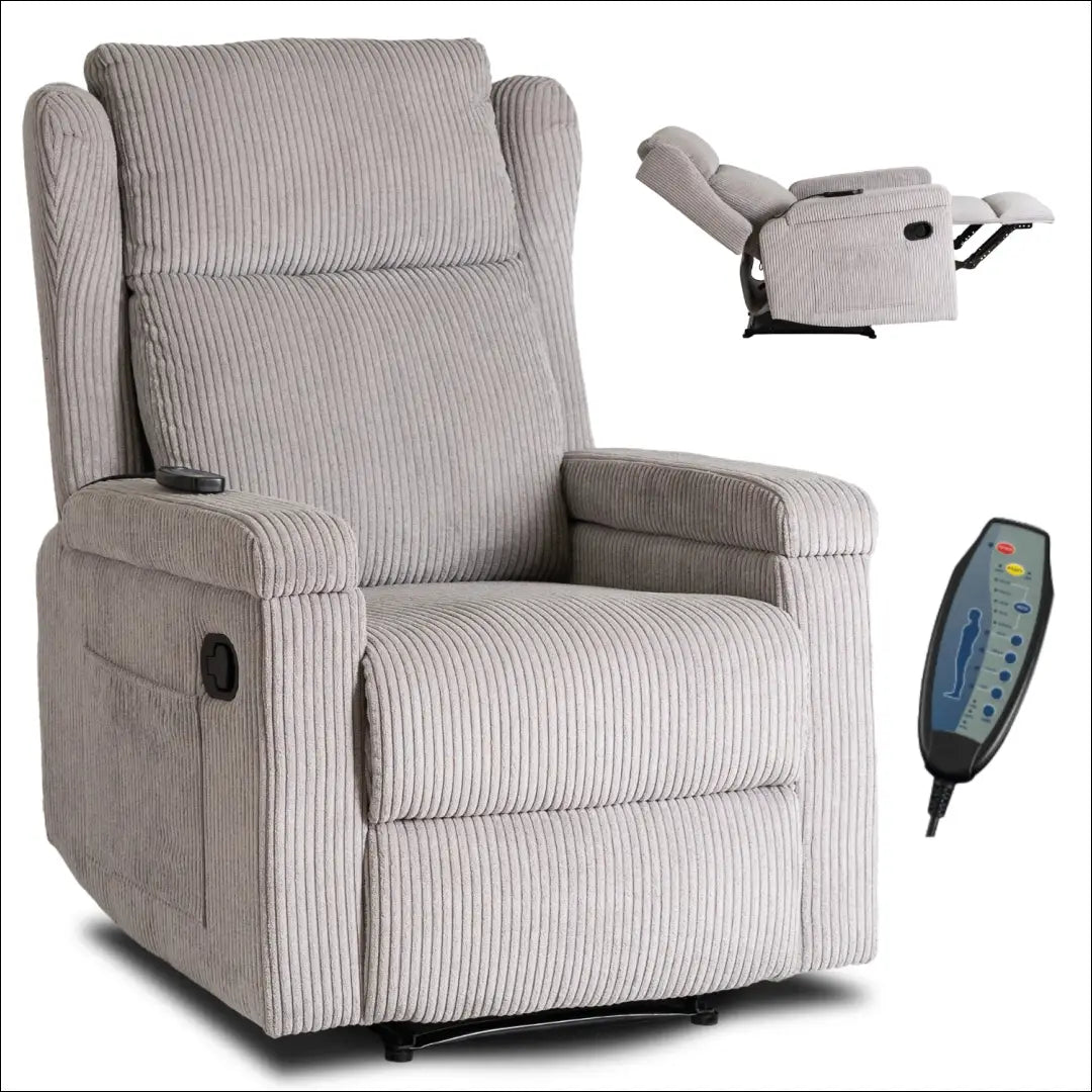Išskleidžiamas masažinis fotelis su korduro audiniu pilkos spalvos / smėlio TE821 - €319 Save 15% __label:Pristatymas