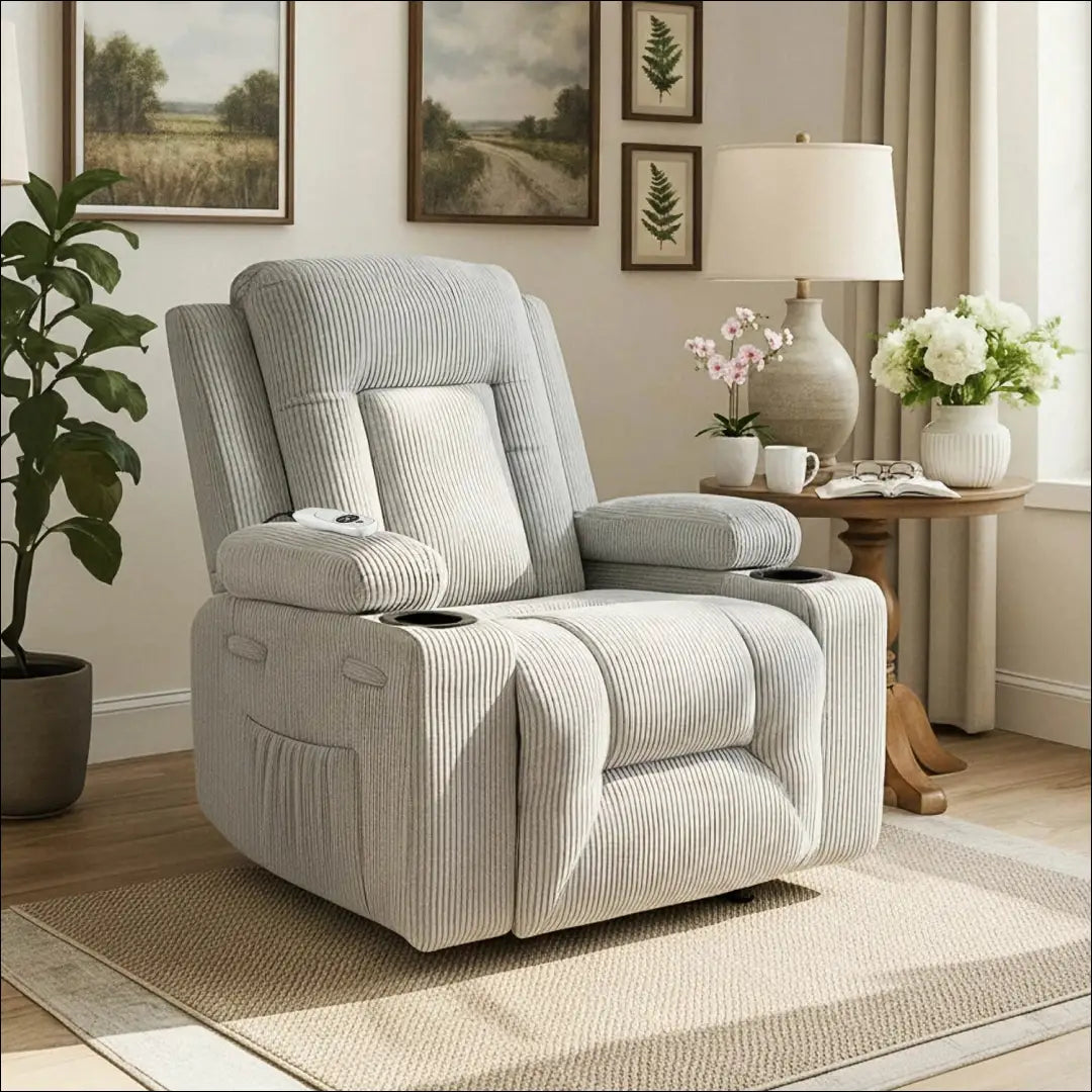 Išskleidžiamas masažinis fotelis su korduro audiniu pilkos spalvos TE498 - €323 Save 15% __label:Pristatymas 5-14 d.d.,