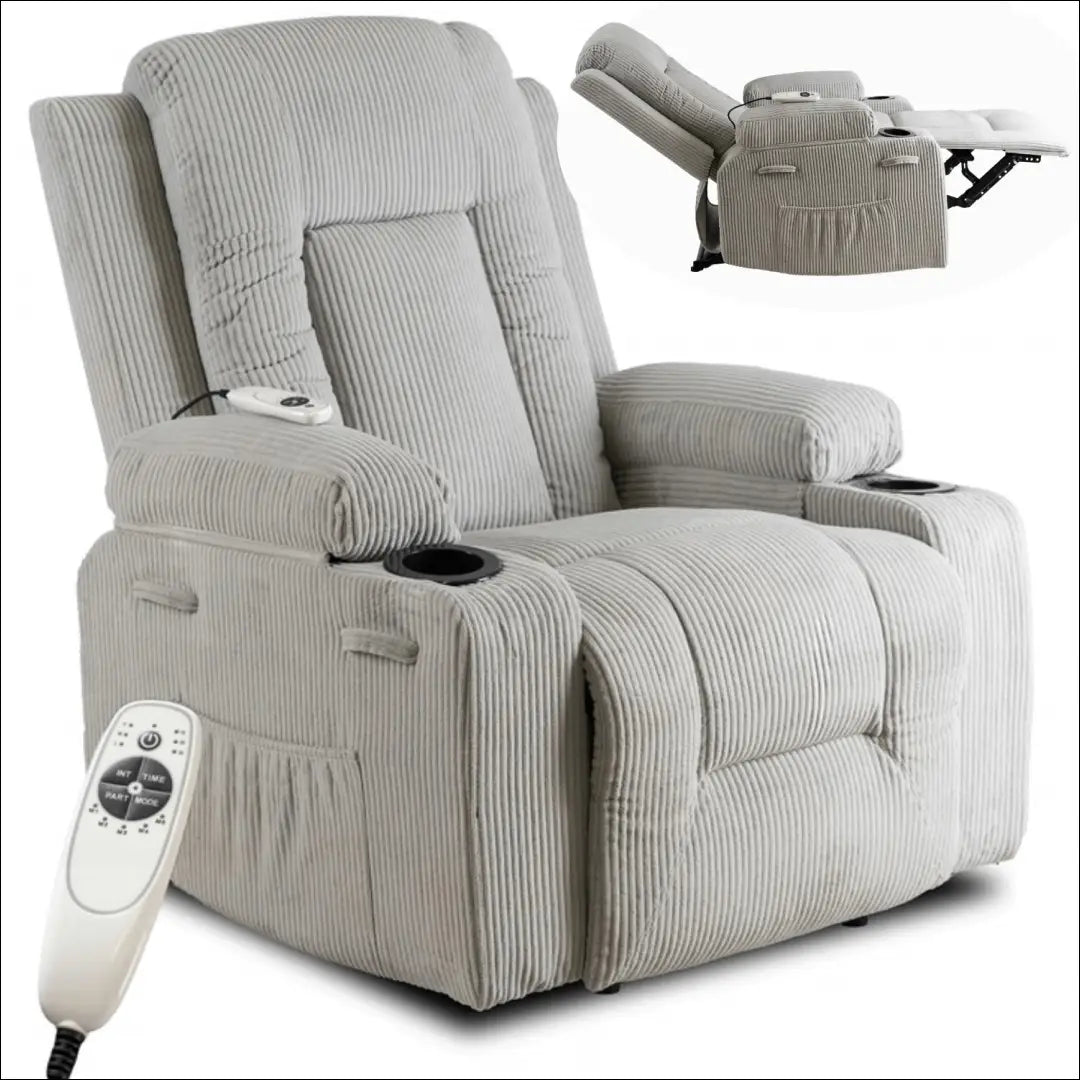 Išskleidžiamas masažinis fotelis su korduro audiniu pilkos spalvos TE498 - €323 Save 15% __label:Pristatymas 5-14 d.d.,