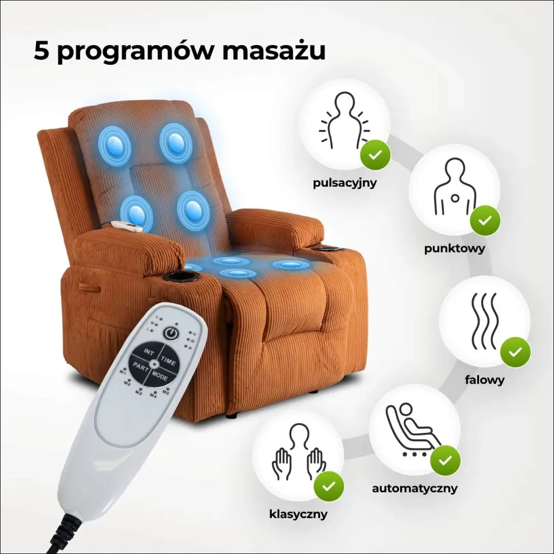 Išskleidžiamas masažinis fotelis su korduro audiniu rusvos spalvos TE499 - €323 Save 15% __label:Pristatymas 5-14 d.d.,