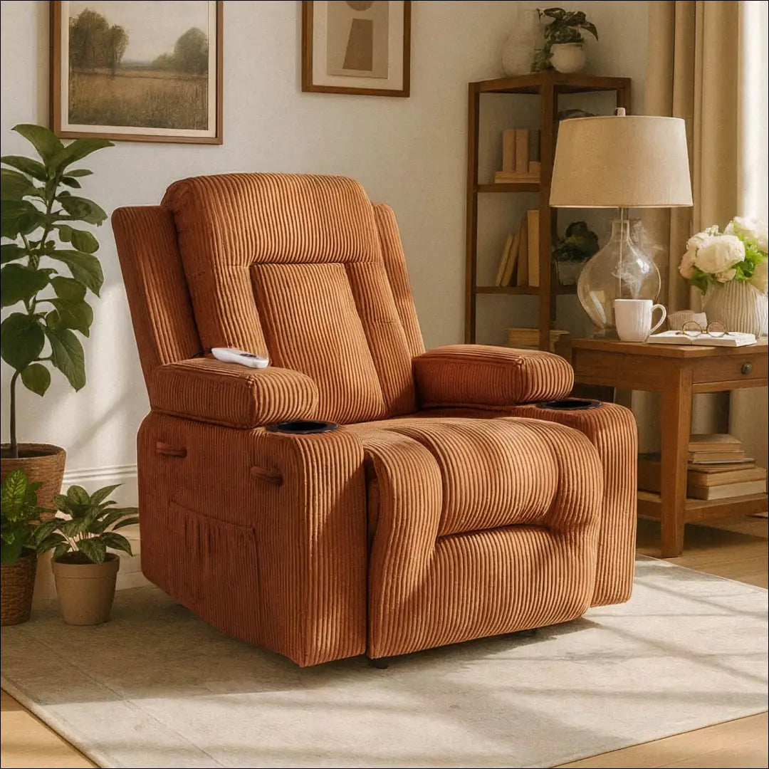 Išskleidžiamas masažinis fotelis su korduro audiniu rusvos spalvos TE499 - €323 Save 15% __label:Pristatymas 5-14 d.d.,