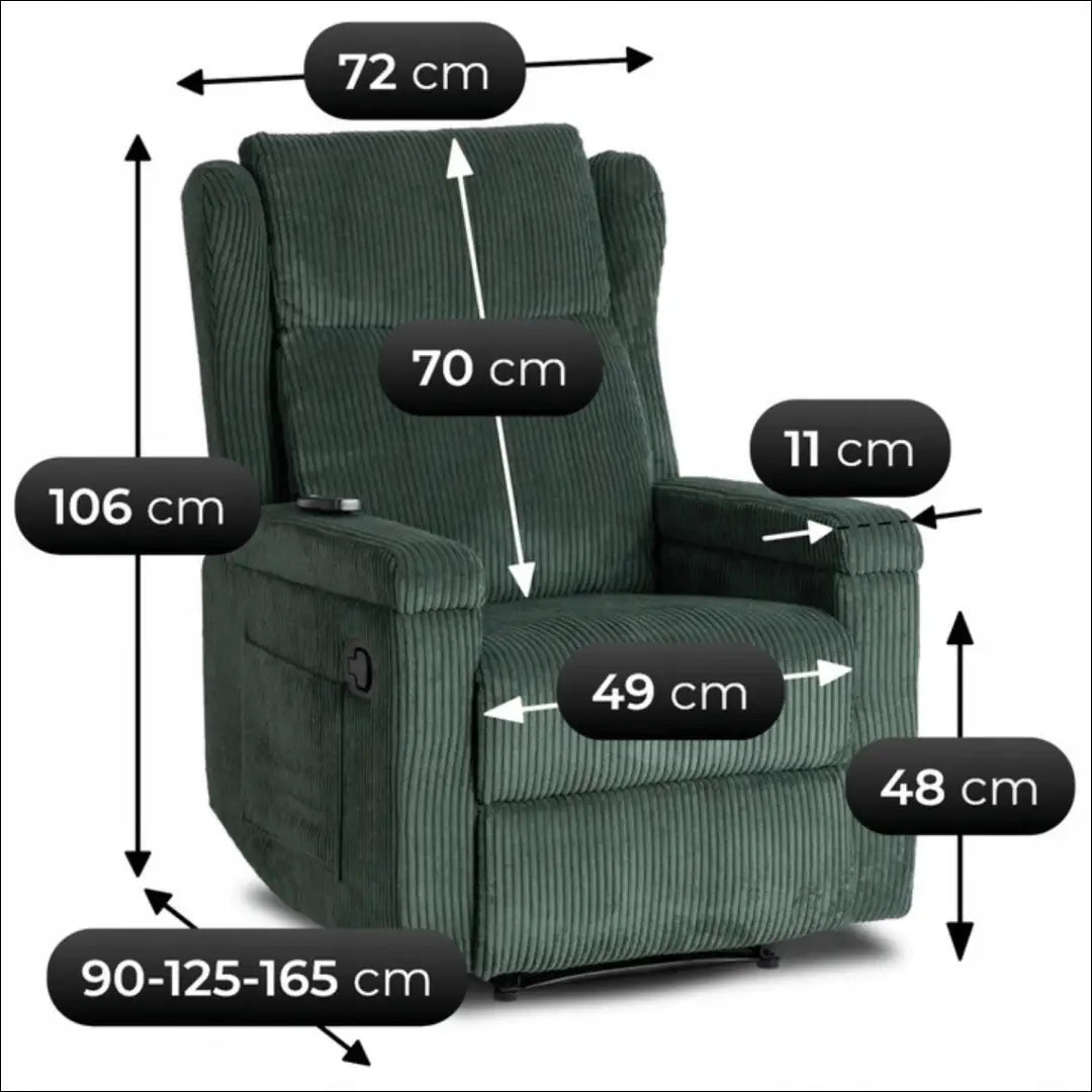 Išskleidžiamas masažinis fotelis su korduro audiniu žalios spalvos TE816 - €319 Save 15% __label:Pristatymas 5-14 d.d.,