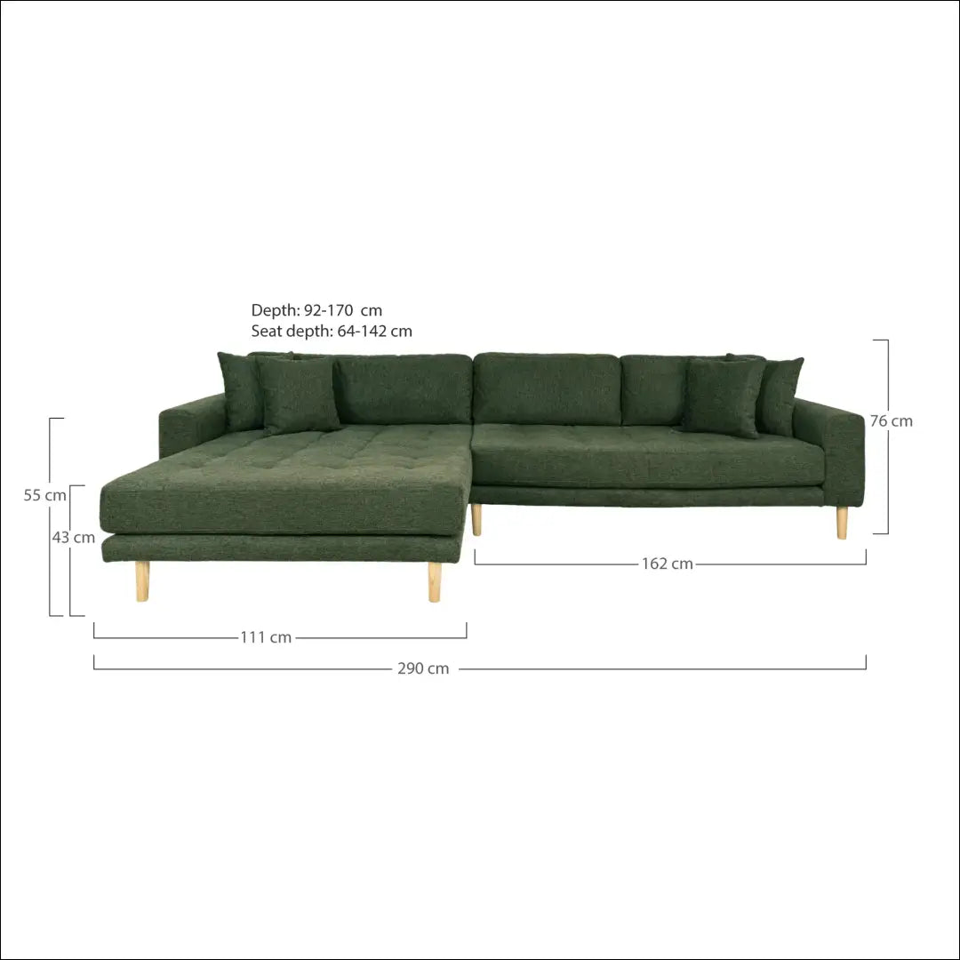 Kairinė alyvuogių žalios spalvos poilsio sofa su keturiomis pagalvėlėmis ir juodomis medinėmis kojelėmis RD198 - €1,479