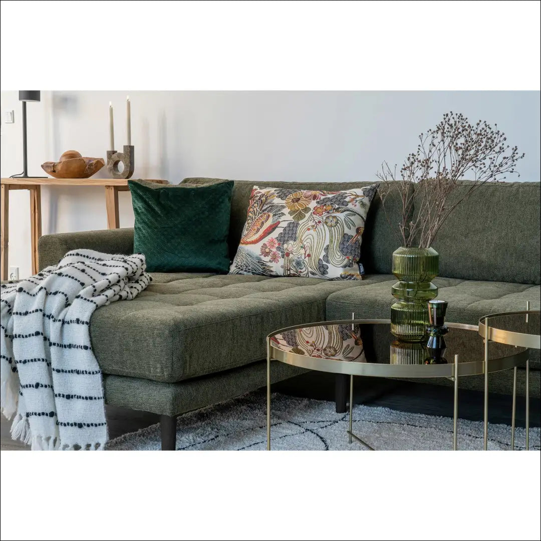 Kairinė alyvuogių žalios spalvos poilsio sofa su keturiomis pagalvėlėmis ir juodomis medinėmis kojelėmis RD198 - €1,479