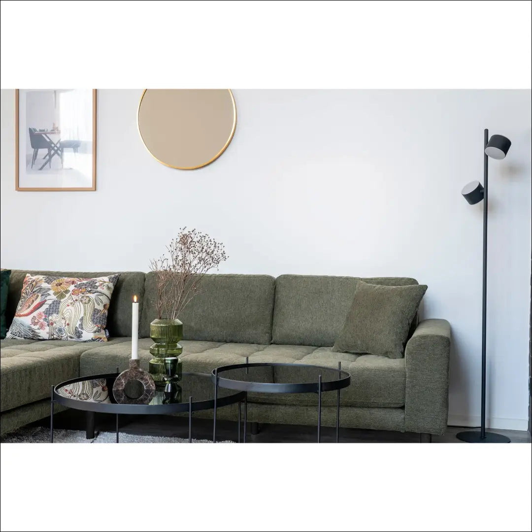 Kairinė alyvuogių žalios spalvos poilsio sofa su keturiomis pagalvėlėmis ir juodomis medinėmis kojelėmis RD198 - €1,479