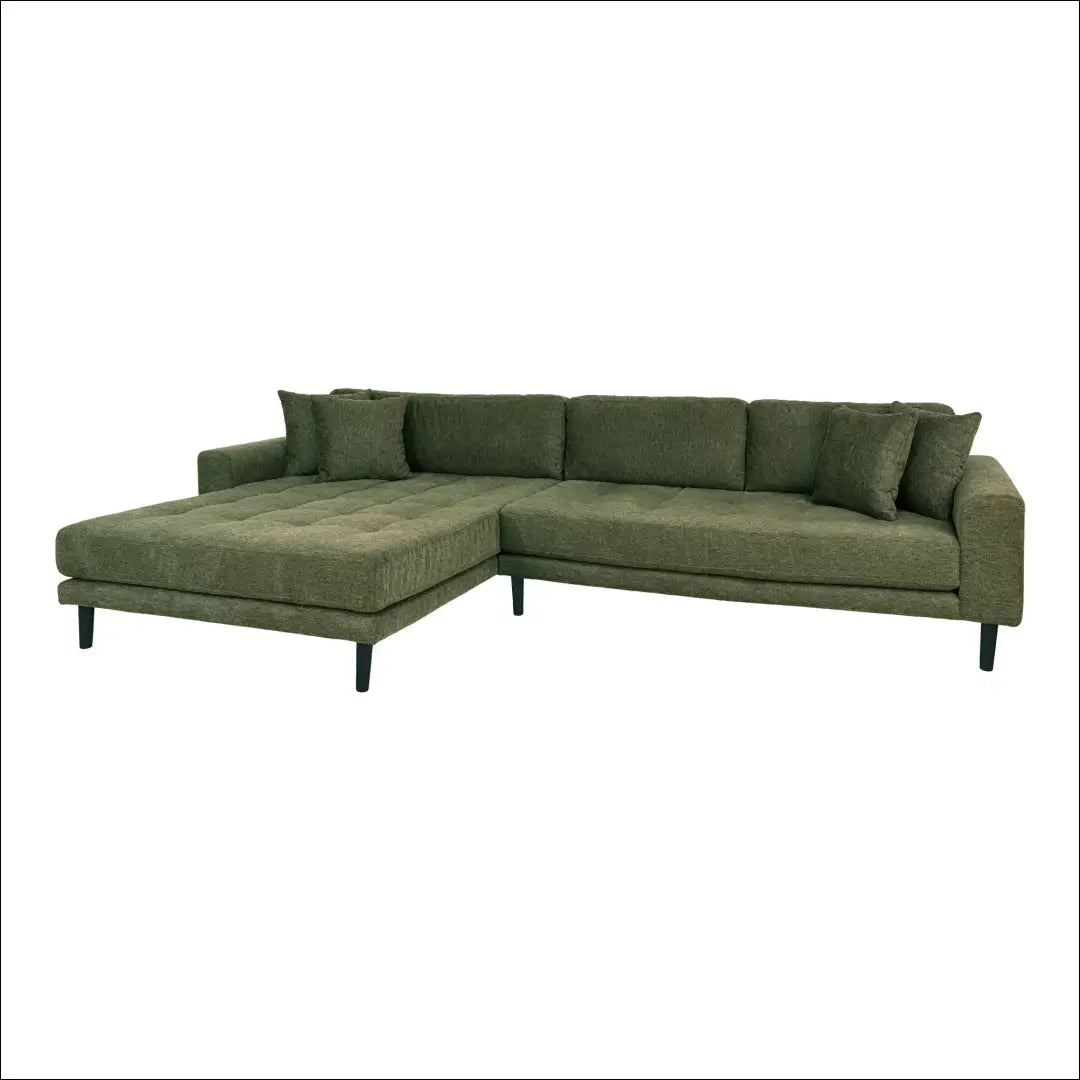 Kairinė alyvuogių žalios spalvos poilsio sofa su keturiomis pagalvėlėmis ir juodomis medinėmis kojelėmis RD198 - €1,479