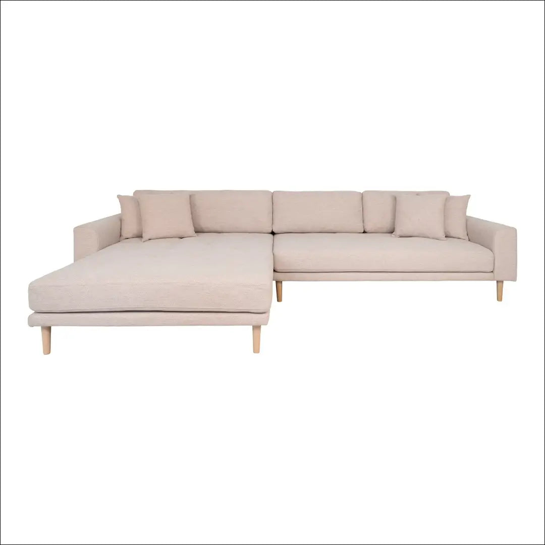Kairinė poilsio sofa smėlio spalvos su keturiomis pagalvėlėmis ir natūralaus medžio kojelėmis RD204 - €1,479 Save 15%