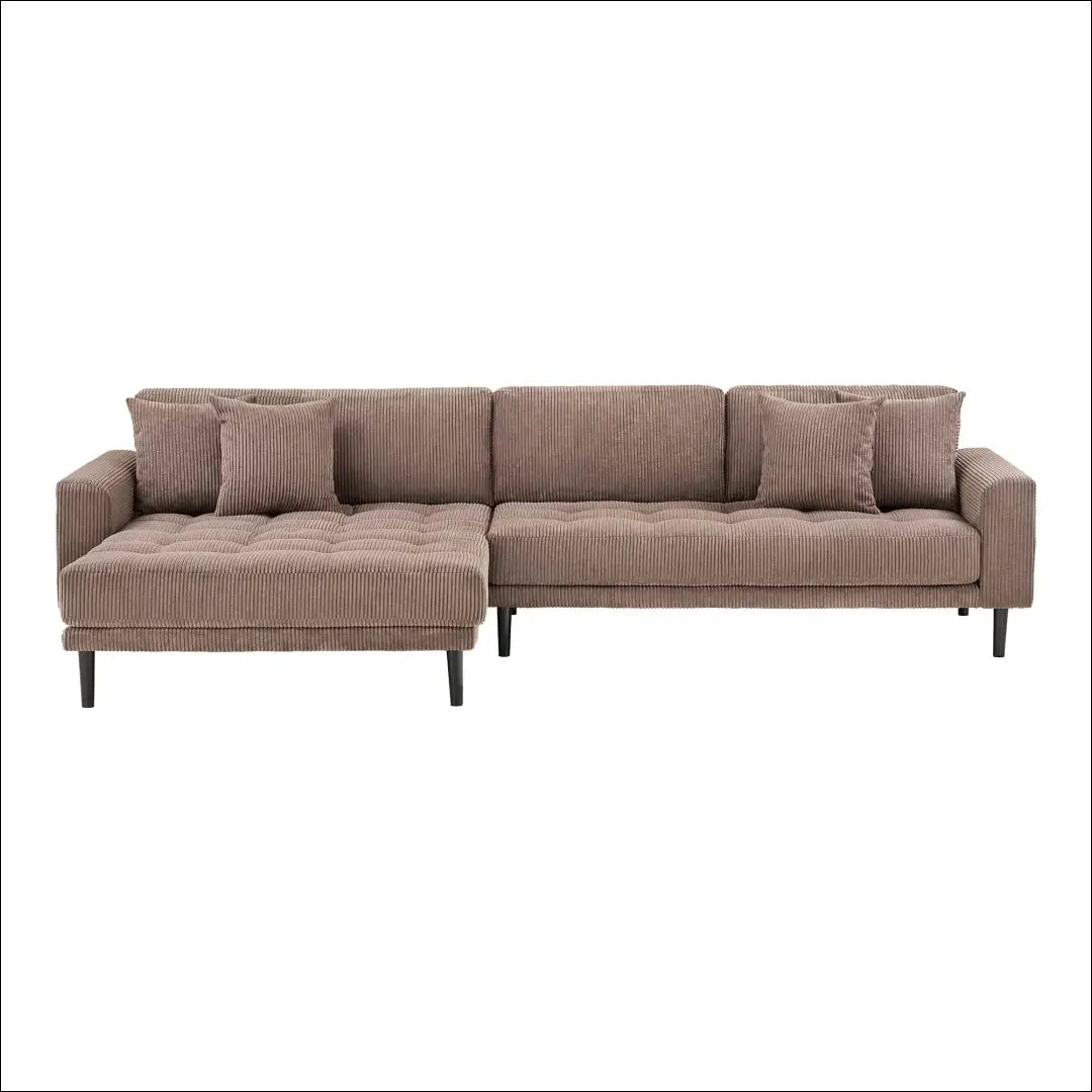 Kairinė poilsio sofa su rudu velvetiniu audiniu keturiomis pagalvėlėmis ir juodomis medinėmis kojelėmis RD207 - €1,413
