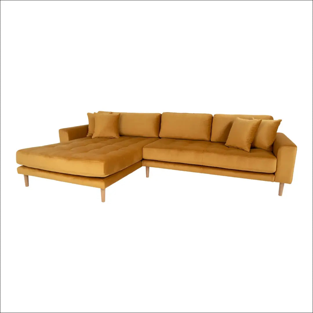 Kairinė sofa su garstyčių geltonumo aksomu keturiomis pagalvėlėmis ir natūralaus medžio kojelėmis RD148 - €1,479 Save