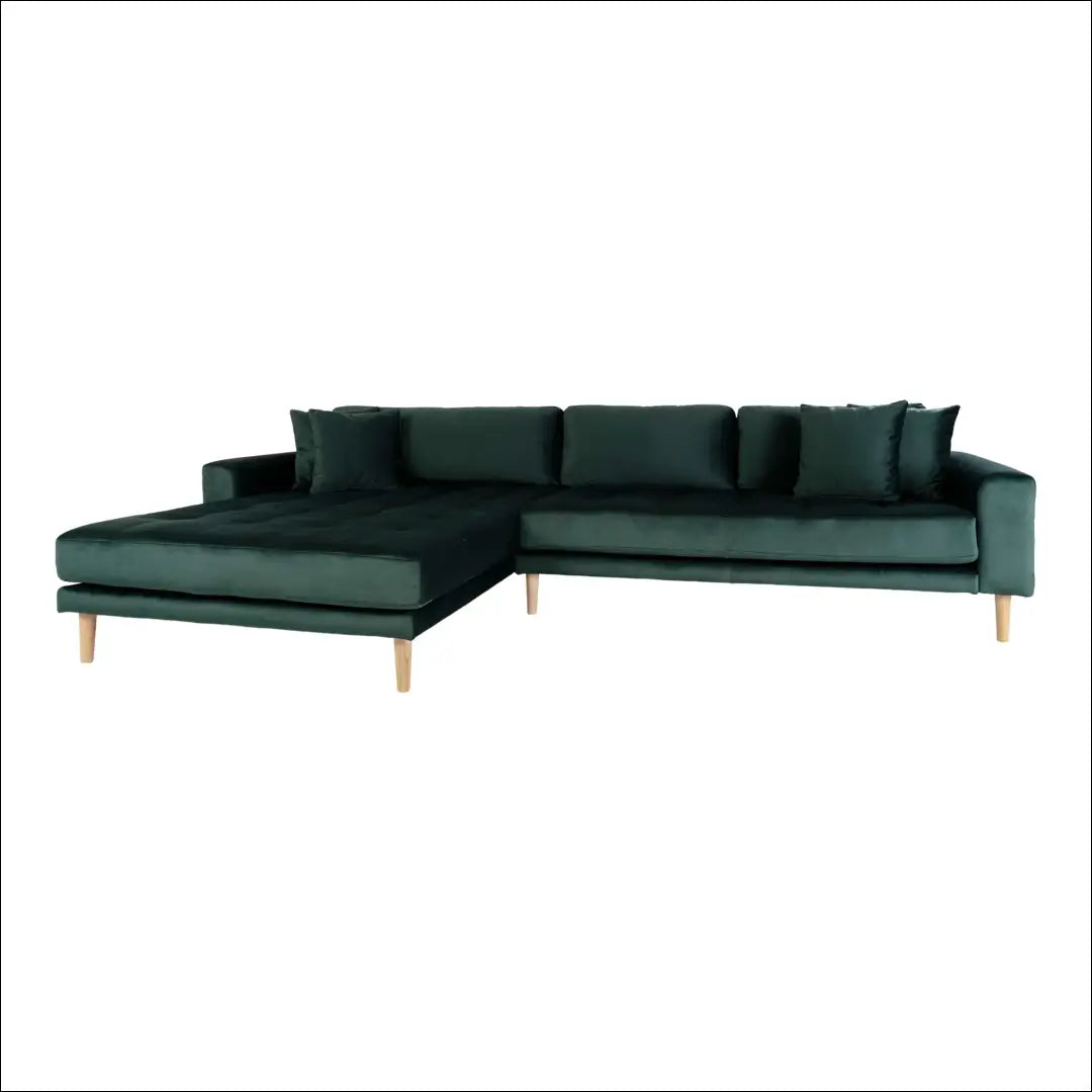 Kairinė sofa su tamsiai žaliu aksomu keturiomis pagalvėlėmis ir natūralaus medžio kojelėmis RD149 - €1,479 Save 15%