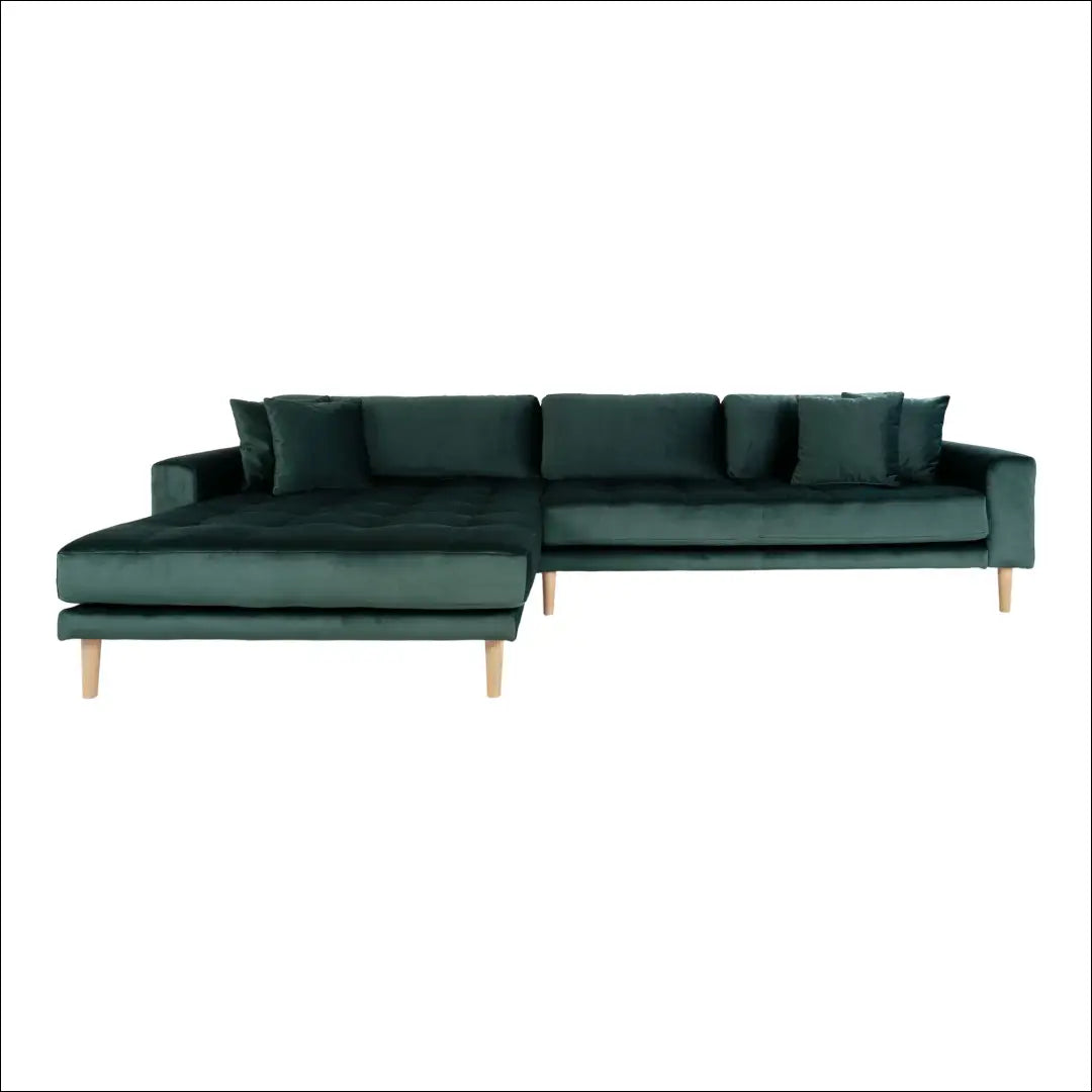 Kairinė sofa su tamsiai žaliu aksomu keturiomis pagalvėlėmis ir natūralaus medžio kojelėmis RD149 - €1,479 Save 15%