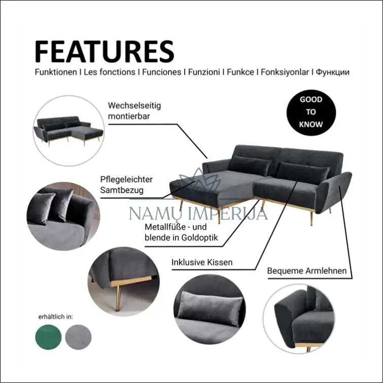 Kampinė sofa MI364 - €430 Save 50% __label:Pristatymas 1-2 d.d., color-auksine, color-pilka, kampai,