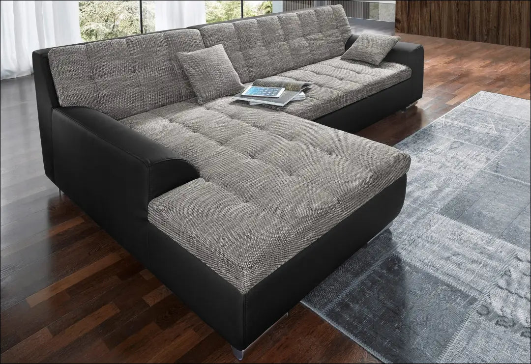 Kampinė sofa su miegama funkcija MI876 - €740 Save 50% __label:Pristatymas 1-2 d.d., color-juoda, color-pilka, kampai,
