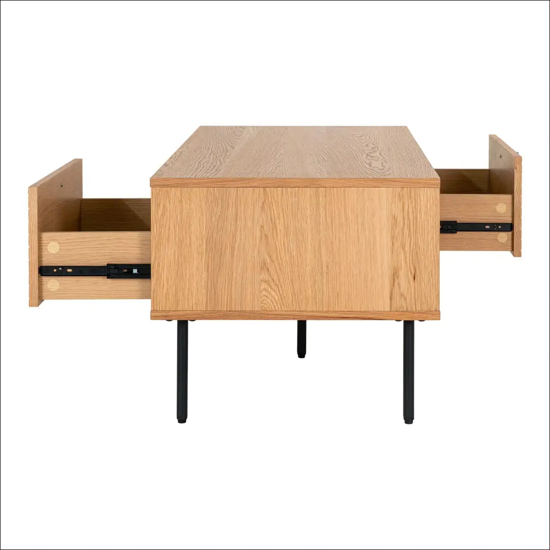 Kavos staliukas 2 stalčiai ąžuolo fanera natūralios spalvos juodos metalinės kojelės 50x100x45 cm RD337 - €259 Save 15%
