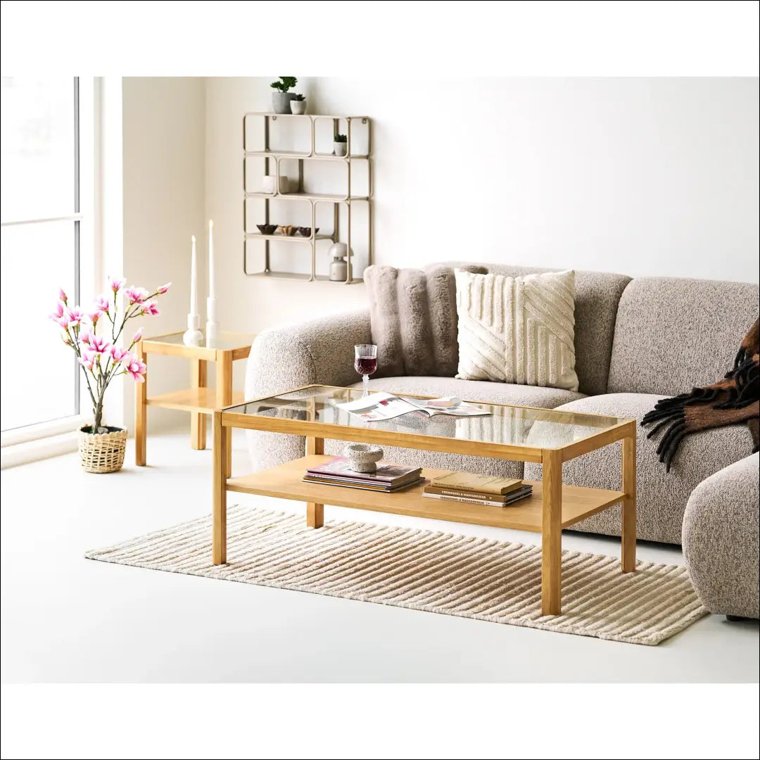 Kavos staliukas ąžuolo/ąžuolo fanera/grūdintas stiklas natūralus 110x60x45 cm RD375 - €356 Save 15% Coffee tables,