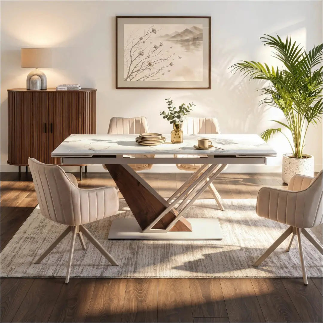 Keraminis ištraukiamas stalas 160–220 cm kašmyro spalvos marmuras/riešutmedis TE2612 - €594.43 Save 15%
