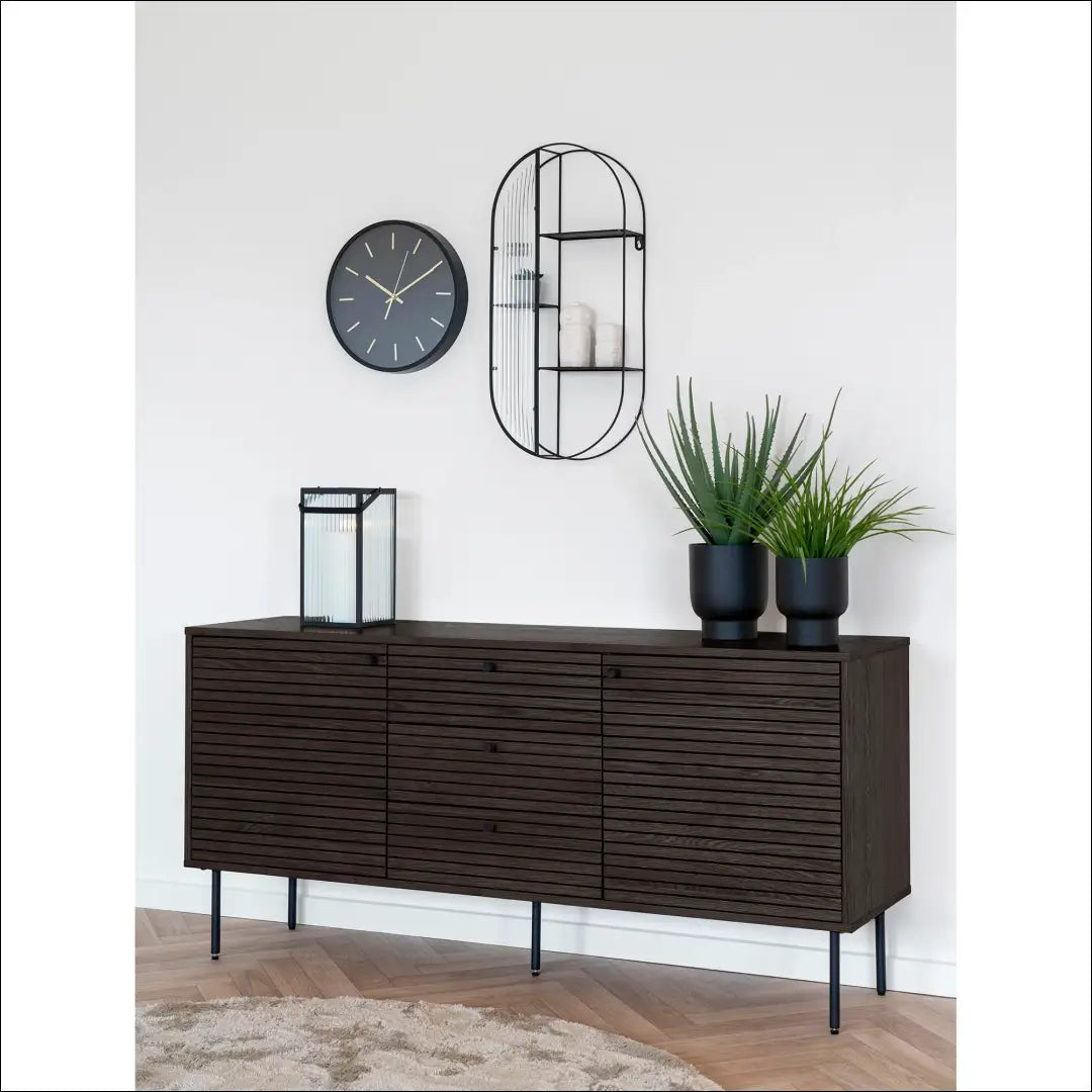 Komoda 3 stalčiai 2 durys ąžuolo fanera dūminė juodos metalinės kojelės 150x40x74 cm RD521 - €511 Save 15%
