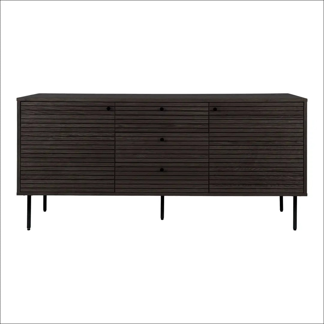 Komoda 3 stalčiai 2 durys ąžuolo fanera dūminė juodos metalinės kojelės 150x40x74 cm RD521 - €511 Save 15%