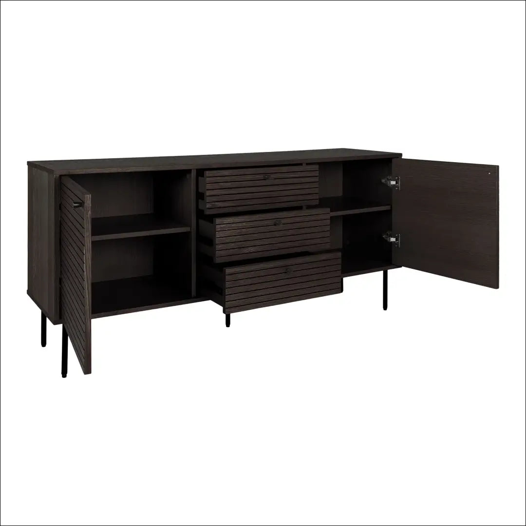 Komoda 3 stalčiai 2 durys ąžuolo fanera dūminė juodos metalinės kojelės 150x40x74 cm RD521 - €511 Save 15%