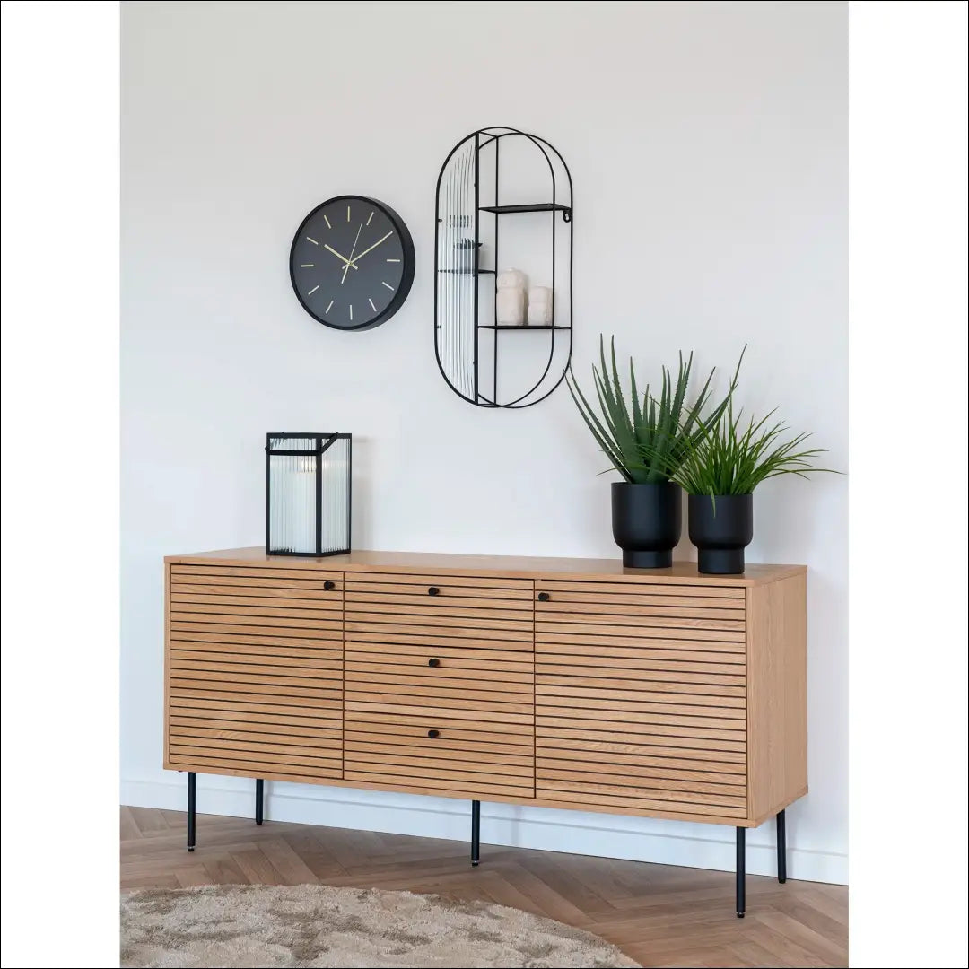 Komoda 3 stalčiai 2 durys ąžuolo fanera natūrali spalva juodos metalinės kojelės 150x40x74 cm RD520 - €462 Save 15%