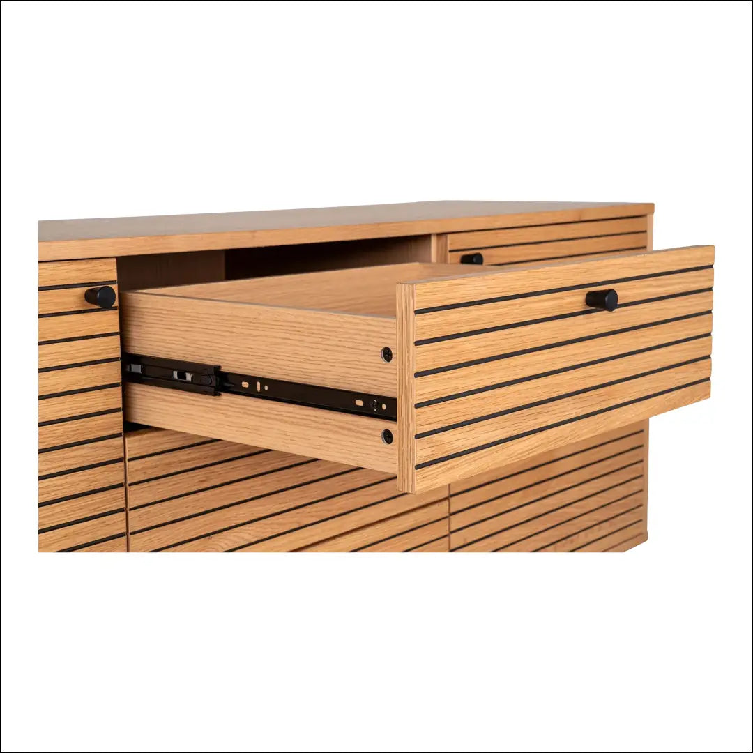 Komoda 3 stalčiai 2 durys ąžuolo fanera natūrali spalva juodos metalinės kojelės 150x40x74 cm RD520 - €462 Save 15%