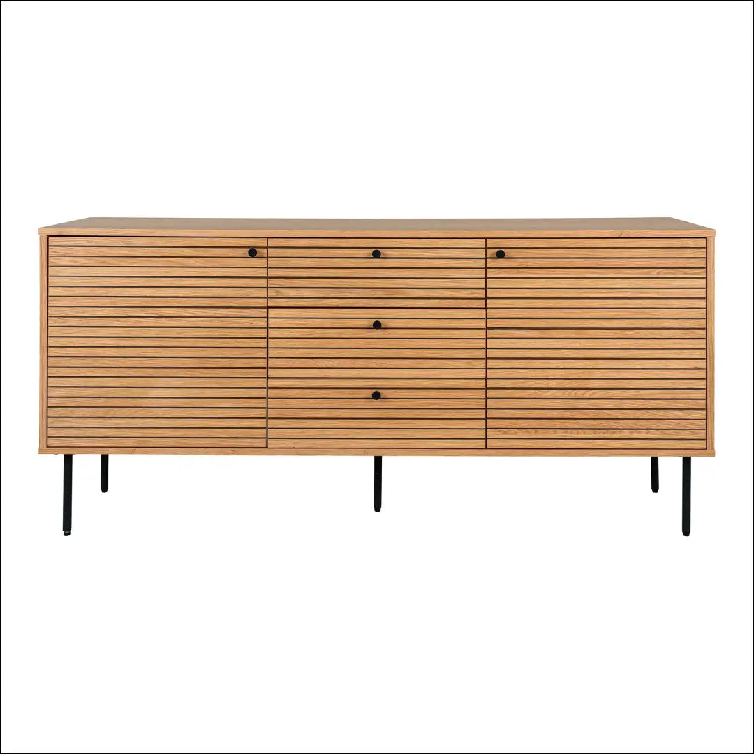 Komoda 3 stalčiai 2 durys ąžuolo fanera natūrali spalva juodos metalinės kojelės 150x40x74 cm RD520 - €462 Save 15%