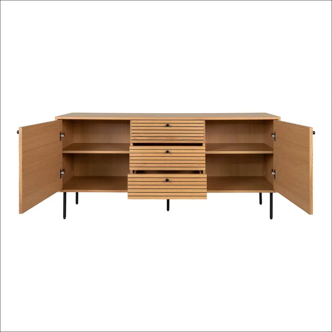 Komoda 3 stalčiai 2 durys ąžuolo fanera natūrali spalva juodos metalinės kojelės 150x40x74 cm RD520 - €462 Save 15%