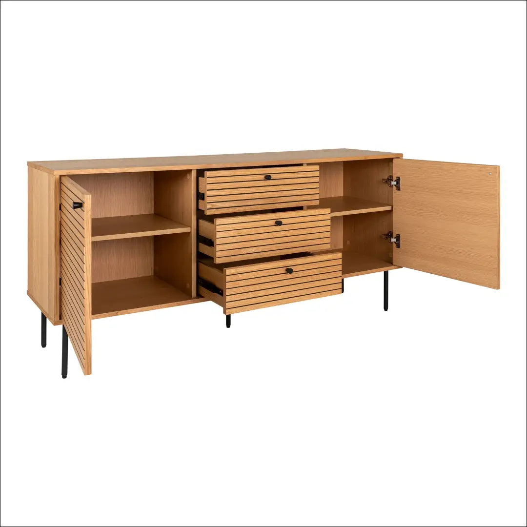 Komoda 3 stalčiai 2 durys ąžuolo fanera natūrali spalva juodos metalinės kojelės 150x40x74 cm RD520 - €462 Save 15%