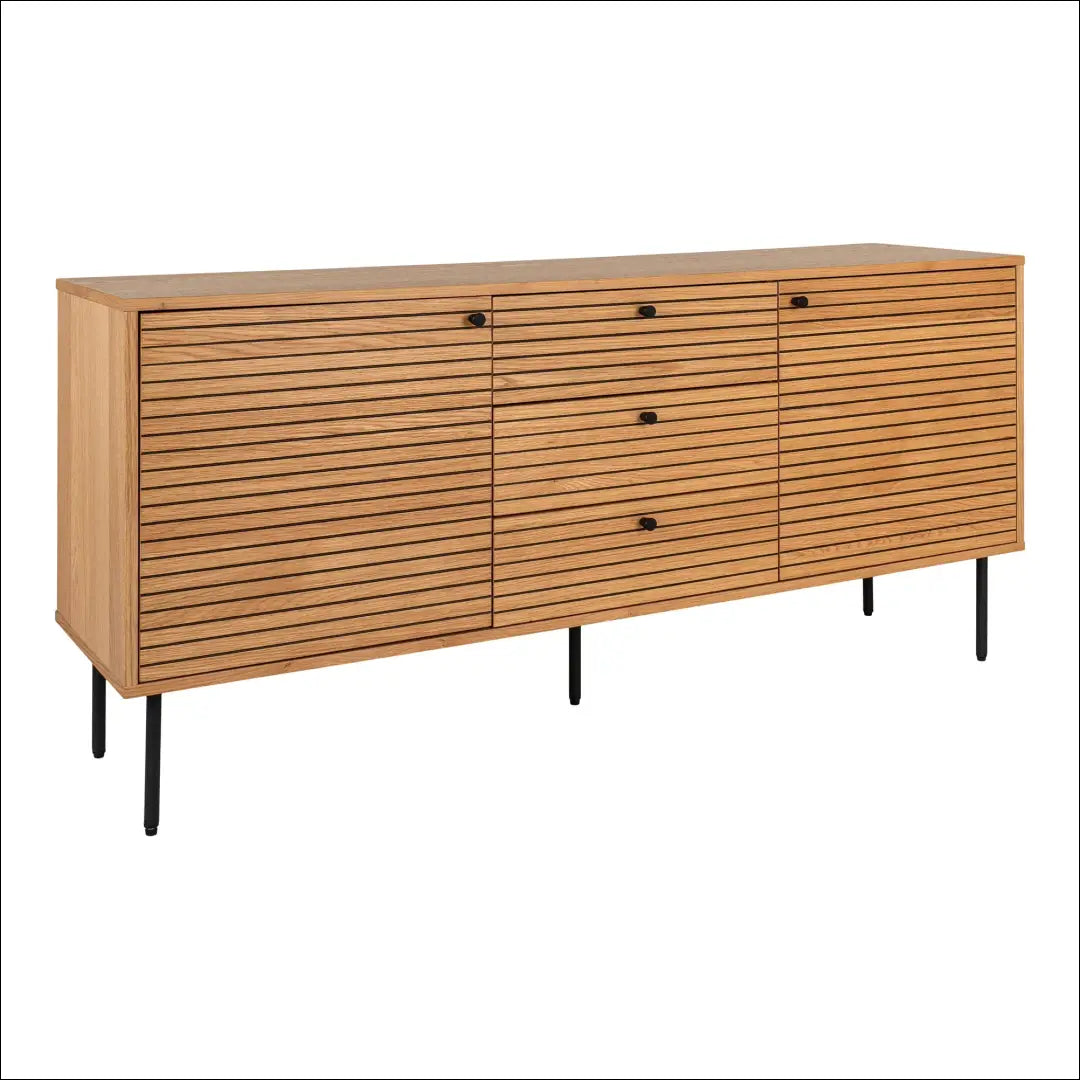 Komoda 3 stalčiai 2 durys ąžuolo fanera natūrali spalva juodos metalinės kojelės 150x40x74 cm RD520 - €462 Save 15%