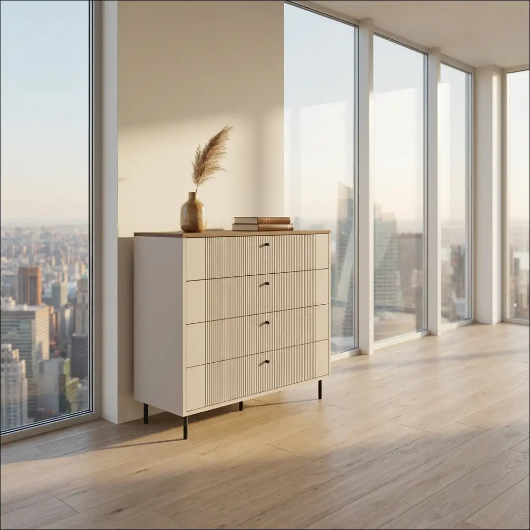Komoda kašmyro spalvos su 4 stalčiais KM001 - €240 Save 20% __label:Pristatymas 5-14 d.d., material-kasmyras, over-200,