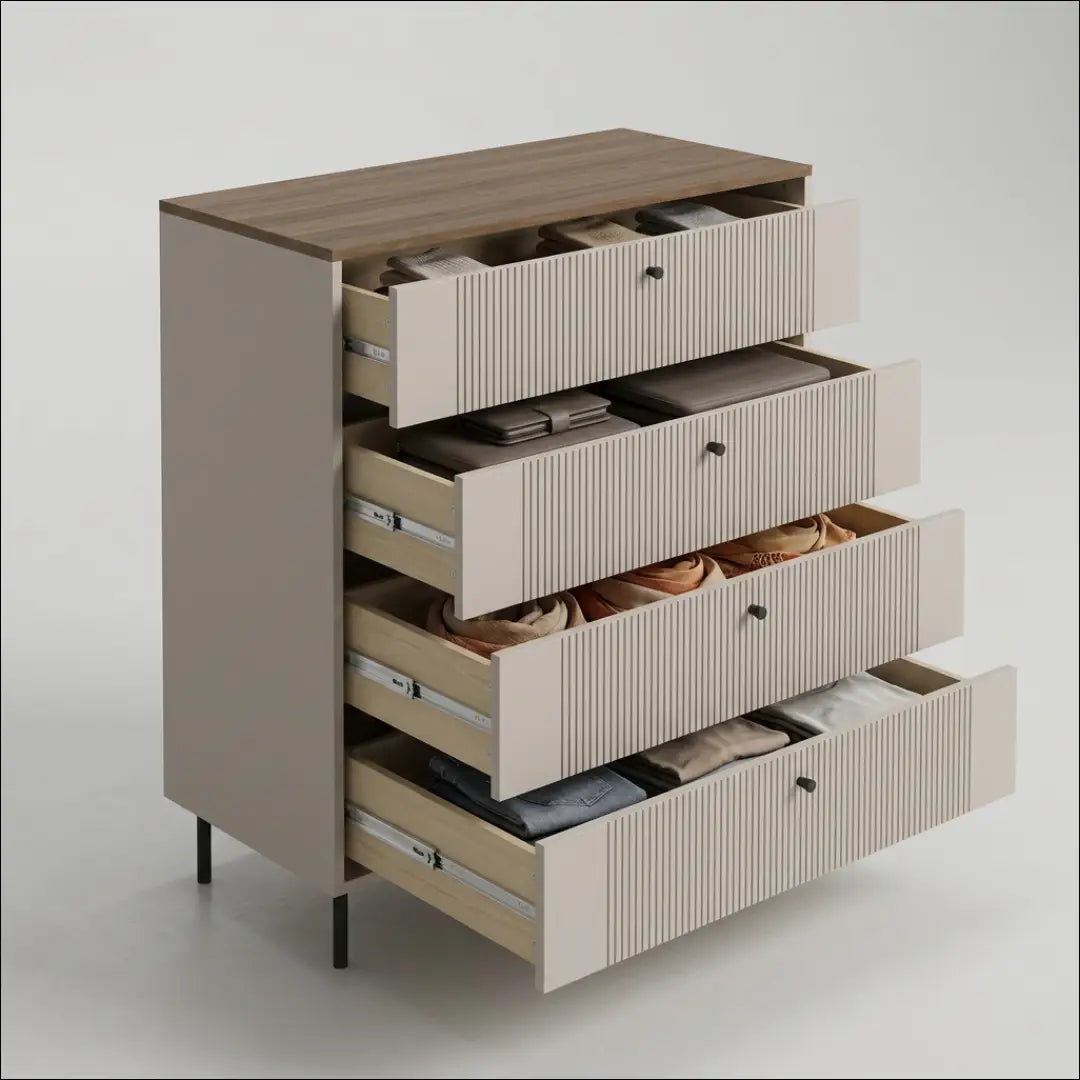 Komoda kašmyro spalvos su 4 stalčiais KM001 - €240 Save 20% __label:Pristatymas 5-14 d.d., material-kasmyras, over-200,