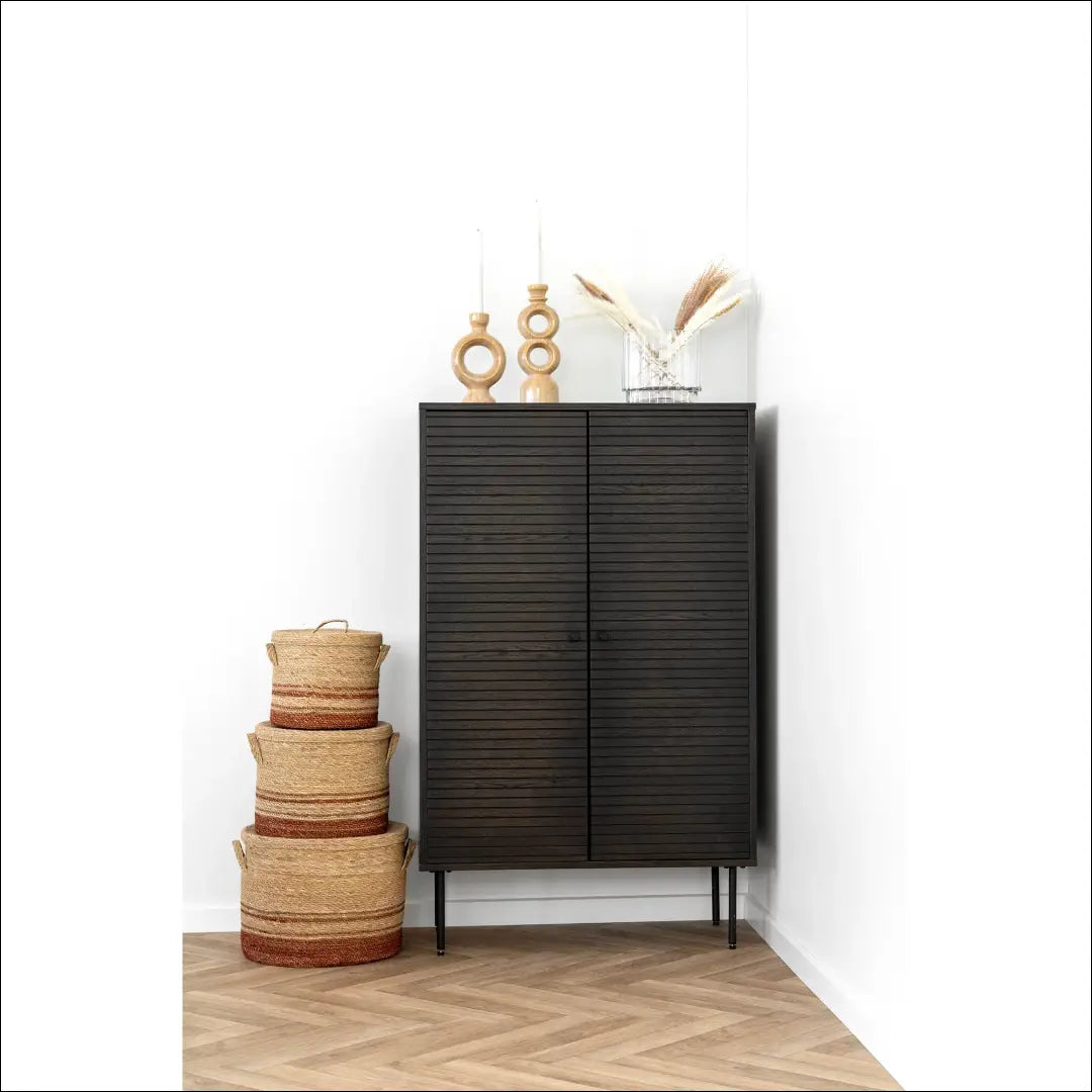Komoda su 2 durelėmis ąžuolo fanera dūminės spalvos juodo metalo kojelės 80x40x130 cm RD507 - €486 Save 15%