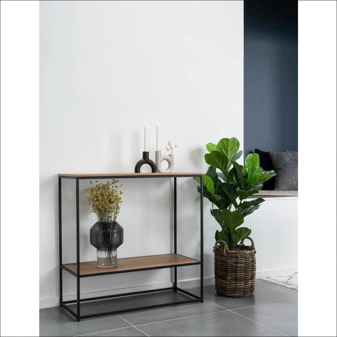 Konsolinis staliukas 2 lentynos ąžuolo imitacija juodas rėmas 80x36x80 cm RD457 - €82 Save 15% 50-100, Console tables,