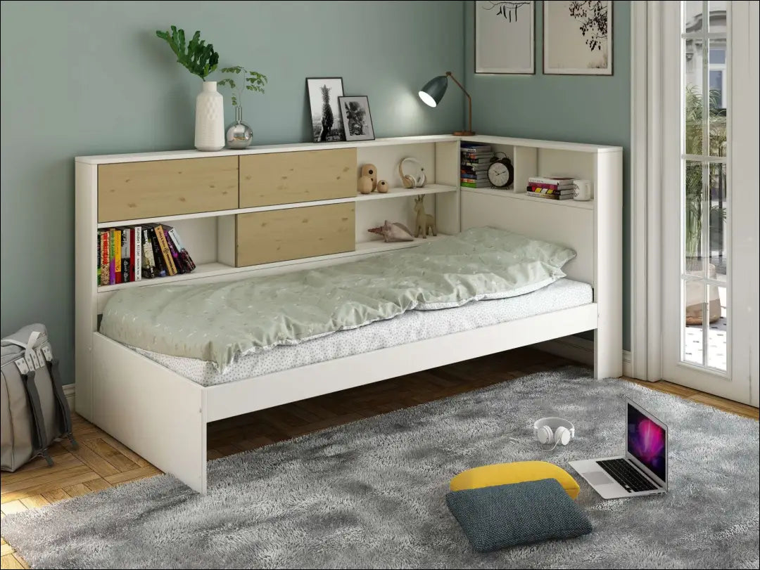 Lova su lentynomis (90x200cm) GI746 - €240 Save 50% __label:Pristatymas 1-2 d.d., color-balta, color-ruda,