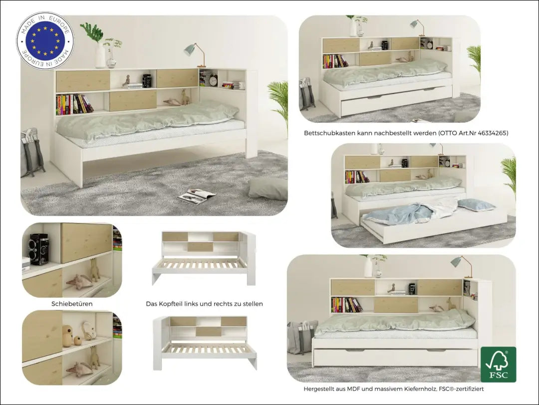 Lova su lentynomis (90x200cm) GI746 - €240 Save 50% __label:Pristatymas 1-2 d.d., color-balta, color-ruda,