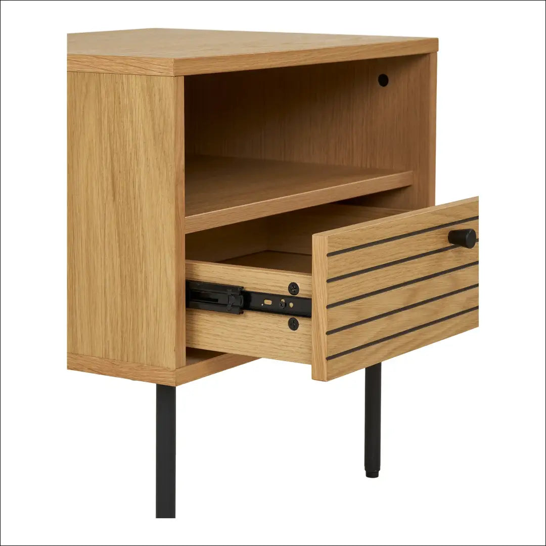 Šoninis staliukas 1 stalčius ąžuolo fanera natūralios spalvos juodo metalo kojelės 50x40x50 cm RD546 - €155 Save 15%