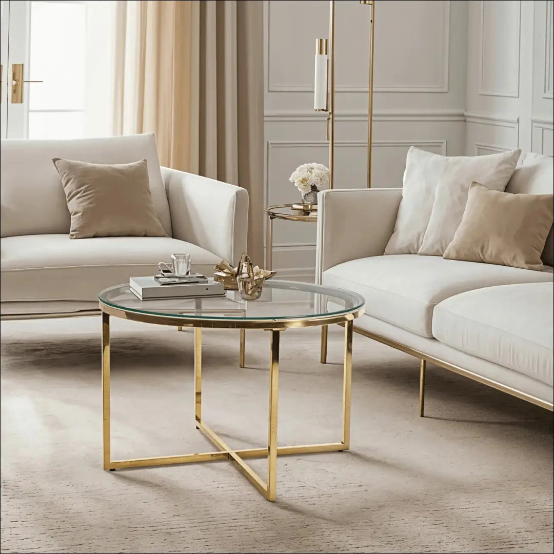 Staliukas apvalus su stikliniu stalviršiu auksinės spalvos TE494 - €97 Save 15% 50-100, __label:Pristatymas 5-14 d.d.,