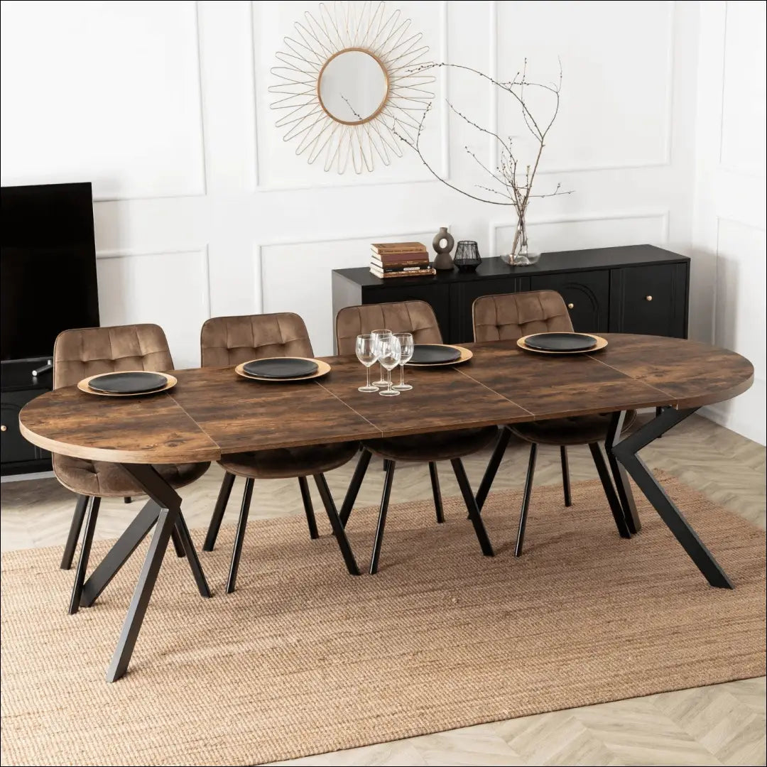 Stalo 100–250 cm kaimiško ąžuolo/juodos spalvos ir 4 rudų kėdžių komplektas TE2436 - €532.09 Save 15%
