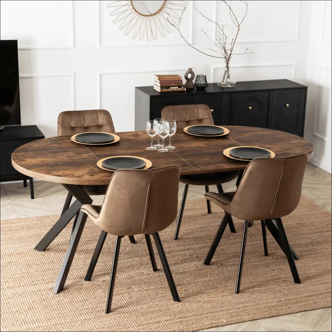 Stalo 100–250 cm kaimiško ąžuolo/juodos spalvos ir 4 rudų kėdžių komplektas TE2436 - €532.09 Save 15%