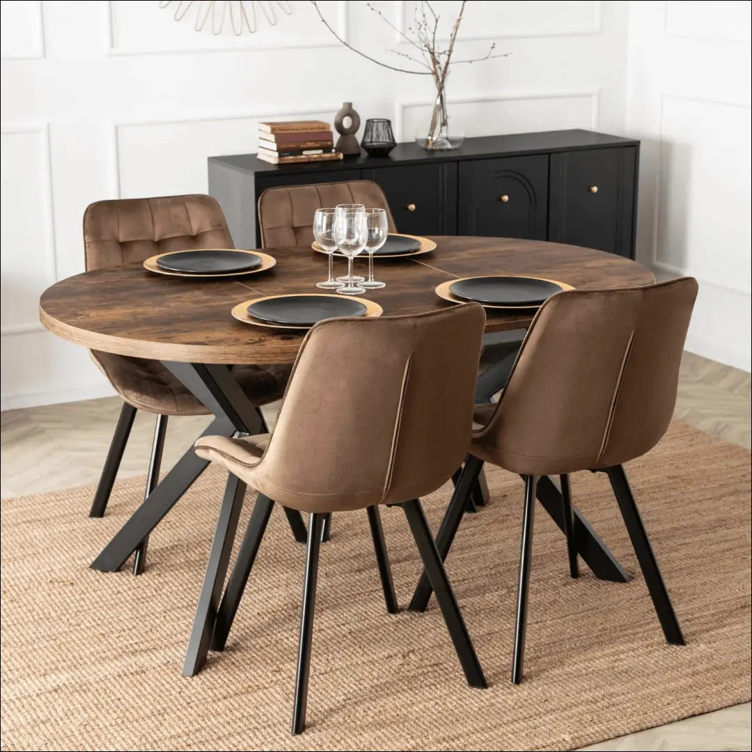 Stalo 100–250 cm kaimiško ąžuolo/juodos spalvos ir 4 rudų kėdžių komplektas TE2436 - €532.09 Save 15%