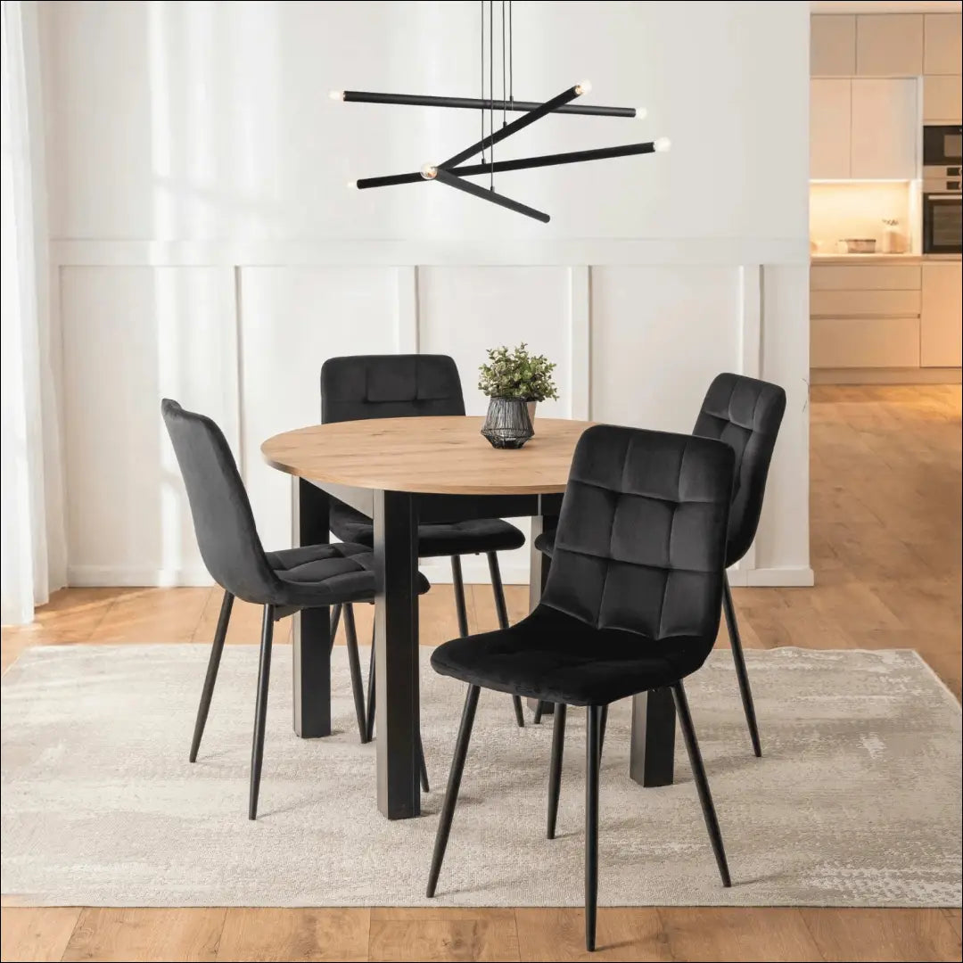 Stalo 102–142 cm ąžuolo/juodo ir 4 PERU juodų kėdžių komplektas TE2413 - €292.49 Save 15% __label:Pristatymas 5-14