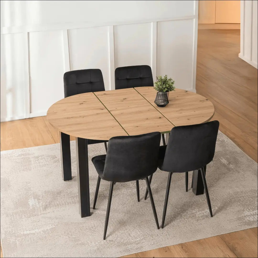 Stalo 102–142 cm ąžuolo/juodo ir 4 PERU juodų kėdžių komplektas TE2413 - €292.49 Save 15% __label:Pristatymas 5-14