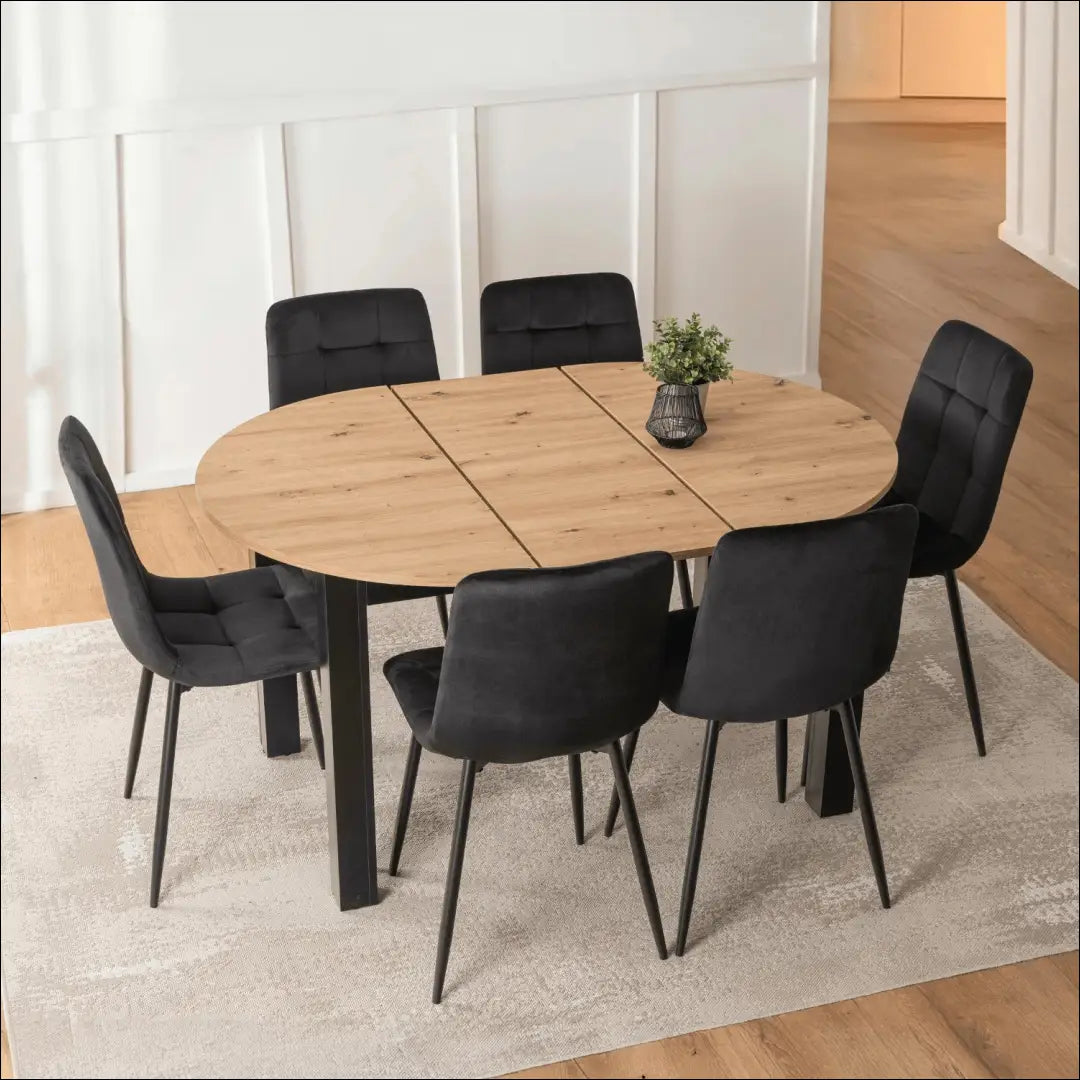 Stalo 102–142 cm ąžuolo/juodos spalvos ir 6 juodų kėdžių komplektas TE2416 - €356 Save 15% __label:Pristatymas 5-14