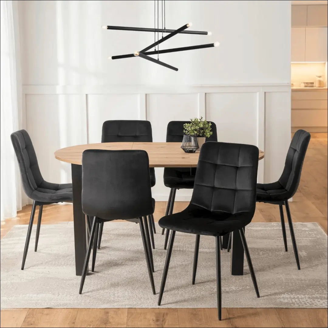 Stalo 102–142 cm ąžuolo/juodos spalvos ir 6 juodų kėdžių komplektas TE2416 - €356 Save 15% __label:Pristatymas 5-14