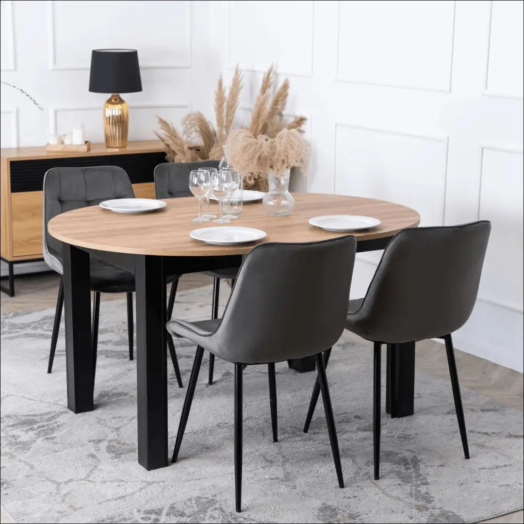Stalo 102–142 cm ąžuolo spalvos/juodo atspalvio ir 4 kėdžių pilkų komplektas TE2420 - €325 Save 15% __label:Pristatymas