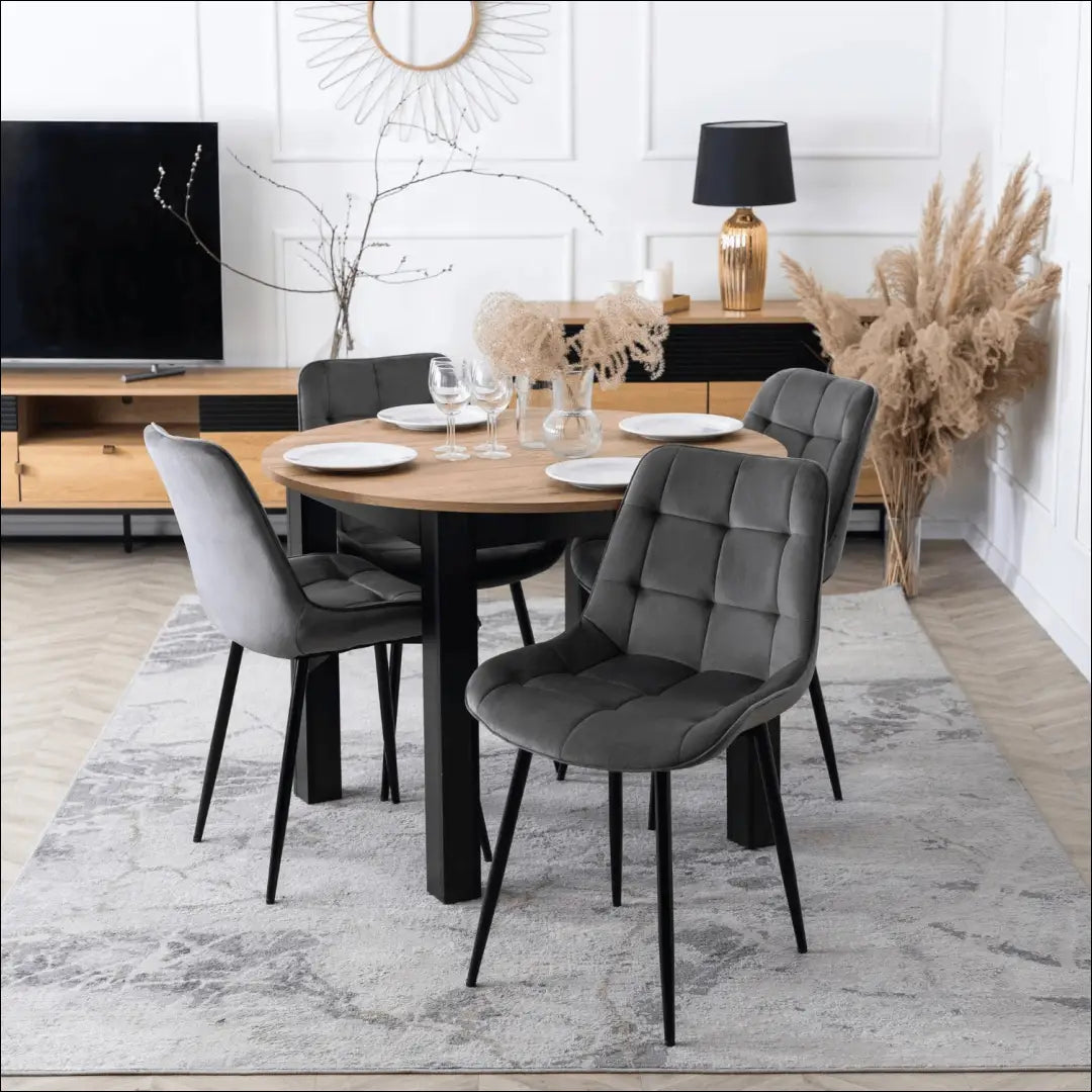 Stalo 102–142 cm ąžuolo spalvos/juodo atspalvio ir 4 kėdžių pilkų komplektas TE2420 - €325 Save 15% __label:Pristatymas