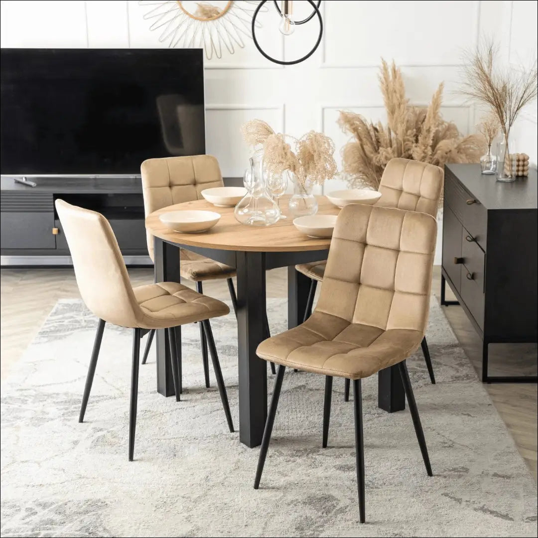 Stalo 102–142 cm ąžuolo spalvos/juodo atspalvio ir 4 smėlio spalvos kėdžių komplektas TE2423 - €292.49 Save 15%